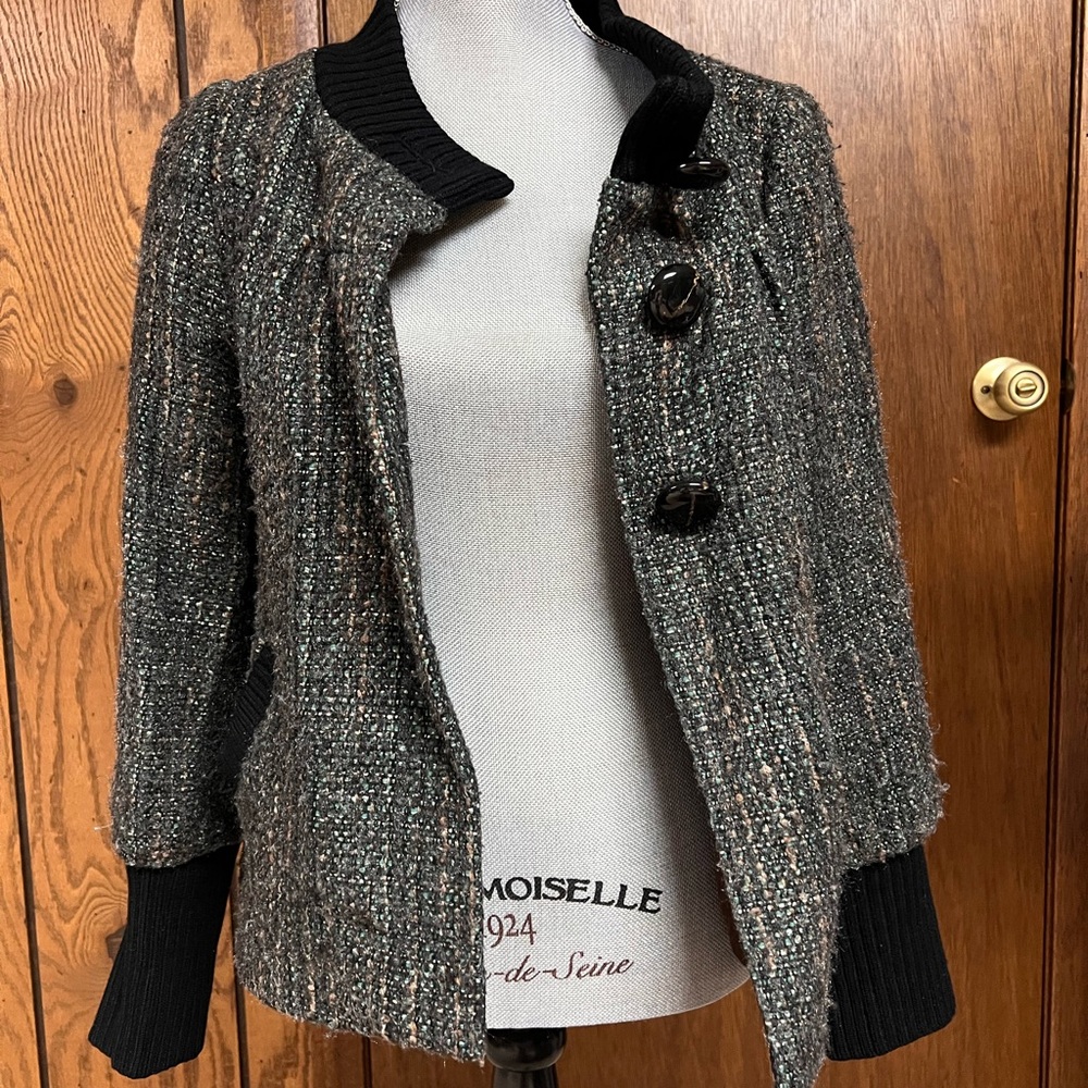 Classiques Entier Women Green Black tweed jacket Size M 3/4 length sleeves Lined - Picture 2 of 13